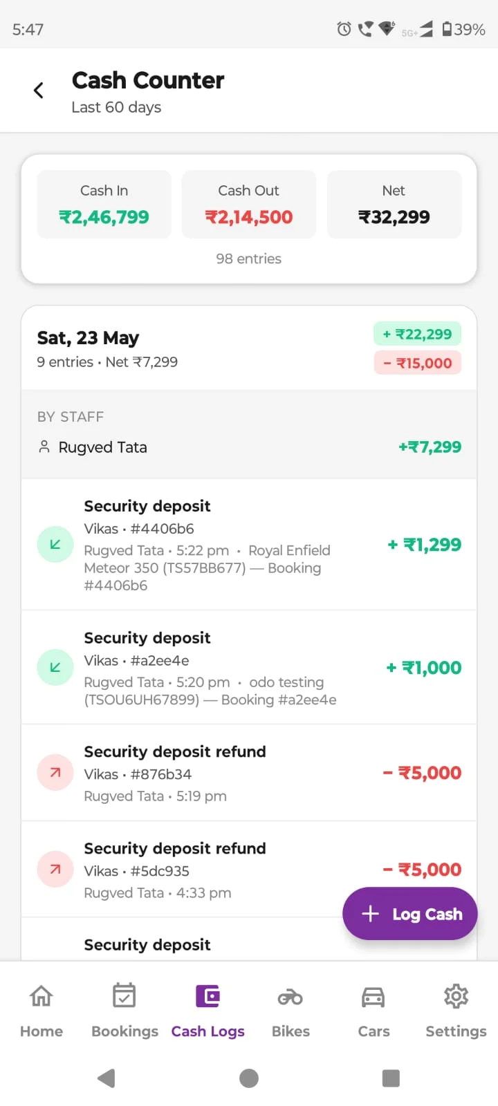 Daily cash counter showing rental collections in Velosta